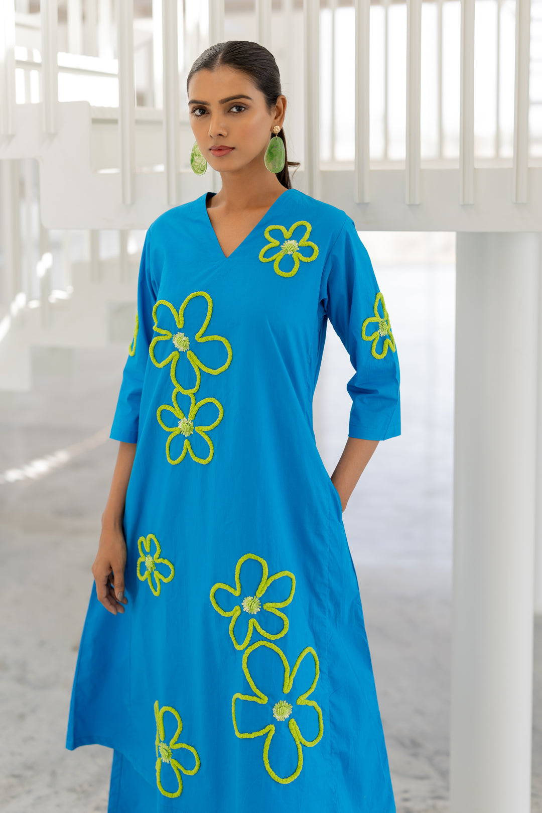 Seafoam Floral Embroidery Kurta Set- SS