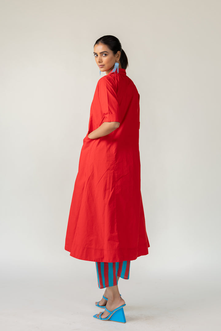 Scarlet Stride Shirt Dress with Striped Pants- SS