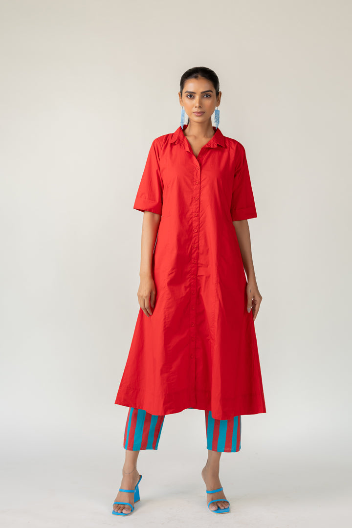 Scarlet Stride Shirt Dress with Striped Pants- SS