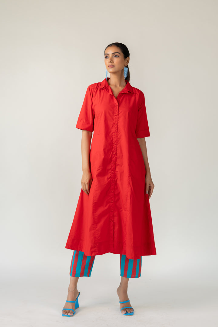 Scarlet Stride Shirt Dress with Striped Pants- SS