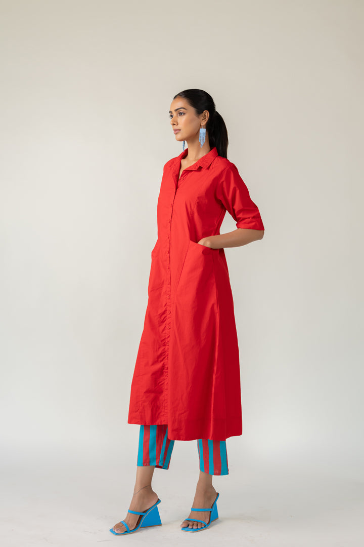 Scarlet Stride Shirt Dress with Striped Pants- SS