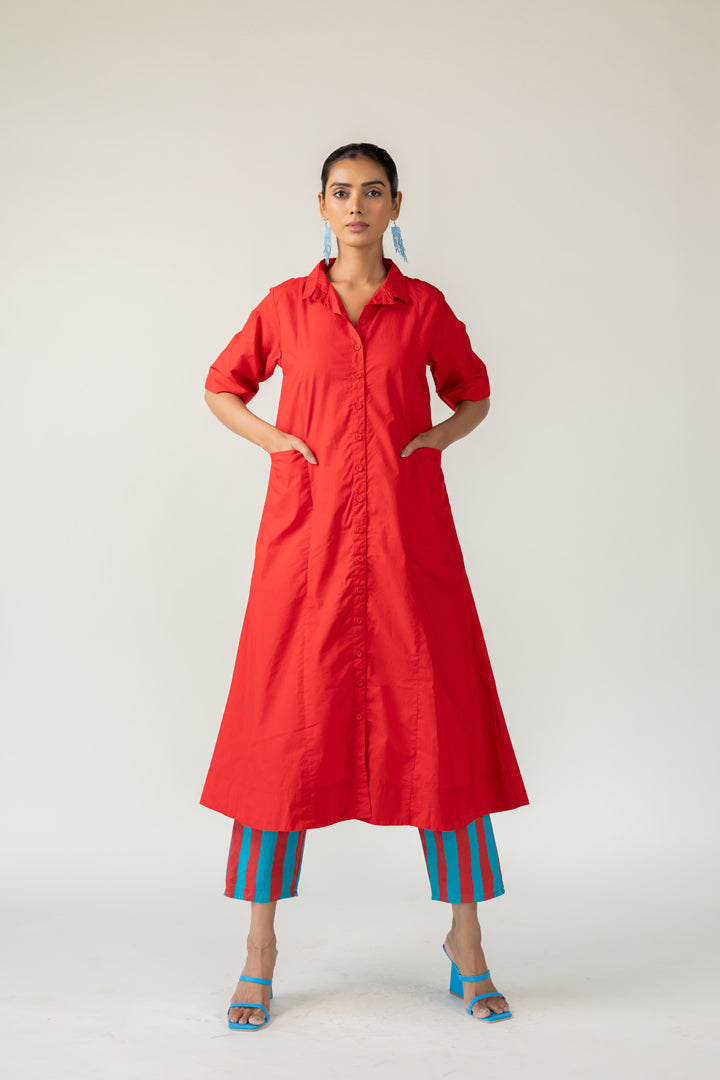 Scarlet Stride Shirt Dress with Striped Pants- SS
