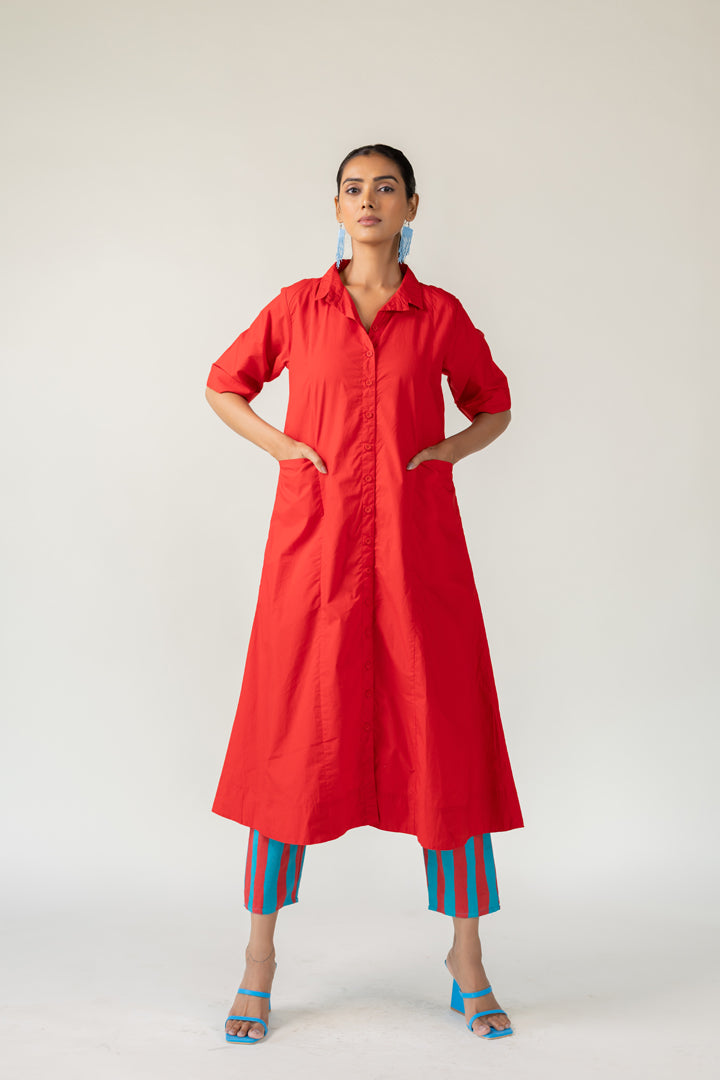 Scarlet Stride Shirt Dress with Striped Pants- SS