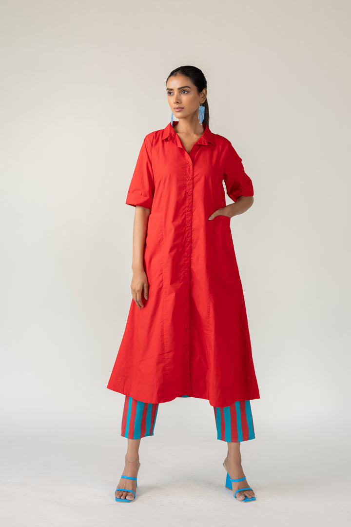 Scarlet Stride Shirt Dress with Striped Pants- SS
