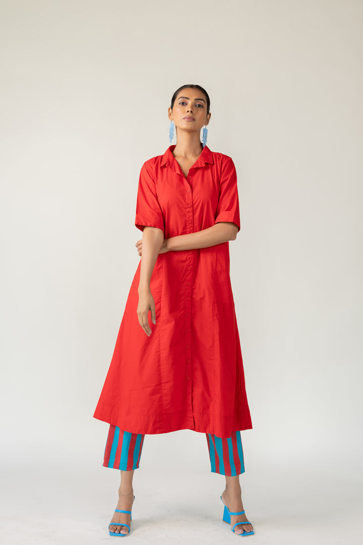 Scarlet Stride Shirt Dress with Striped Pants- SS