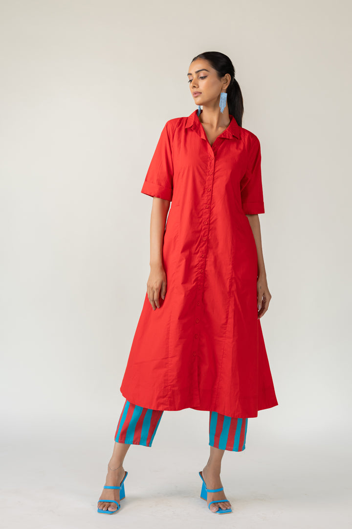 Scarlet Stride Shirt Dress with Striped Pants- SS