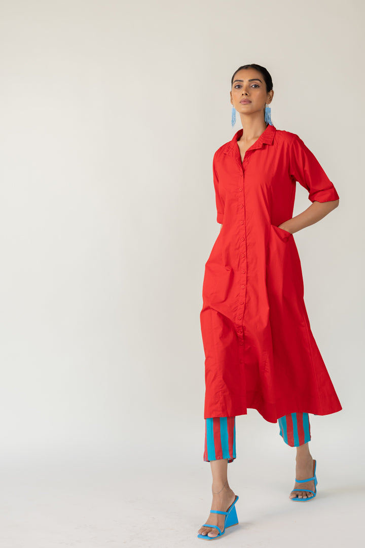 Scarlet Stride Shirt Dress with Striped Pants- SS