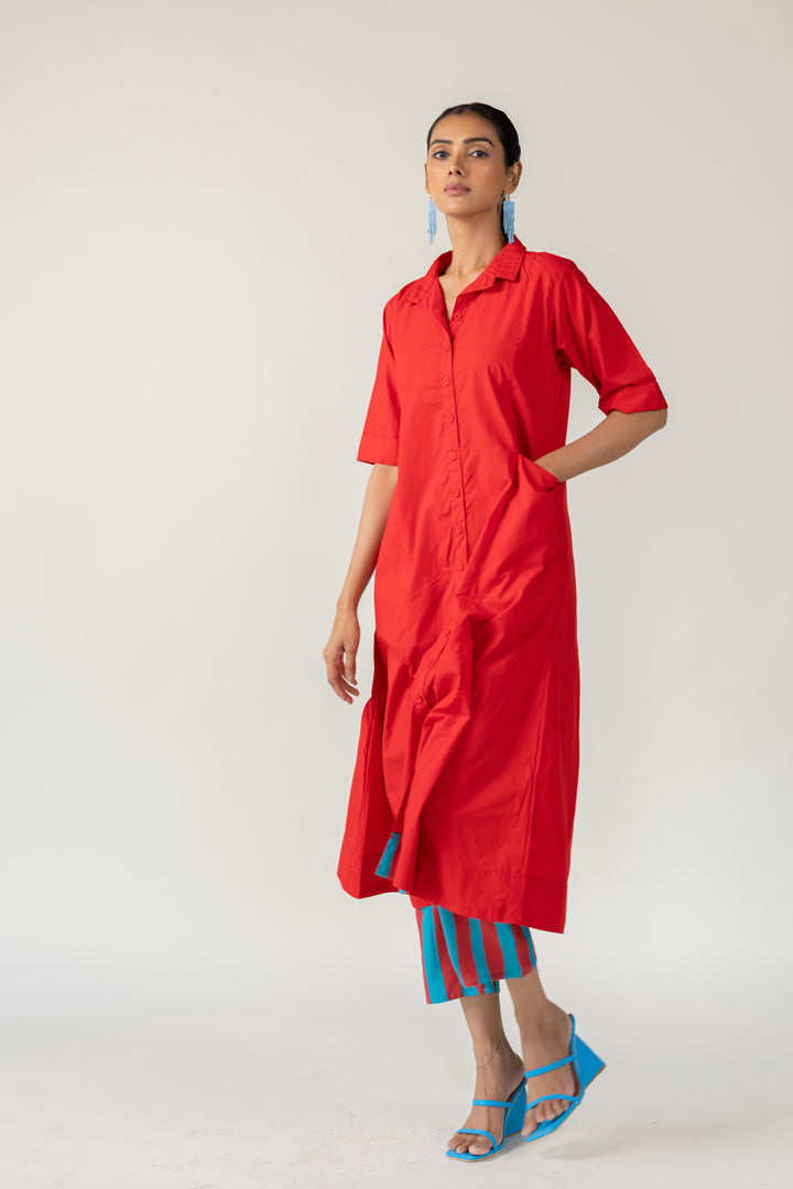 Scarlet Stride Shirt Dress with Striped Pants- SS