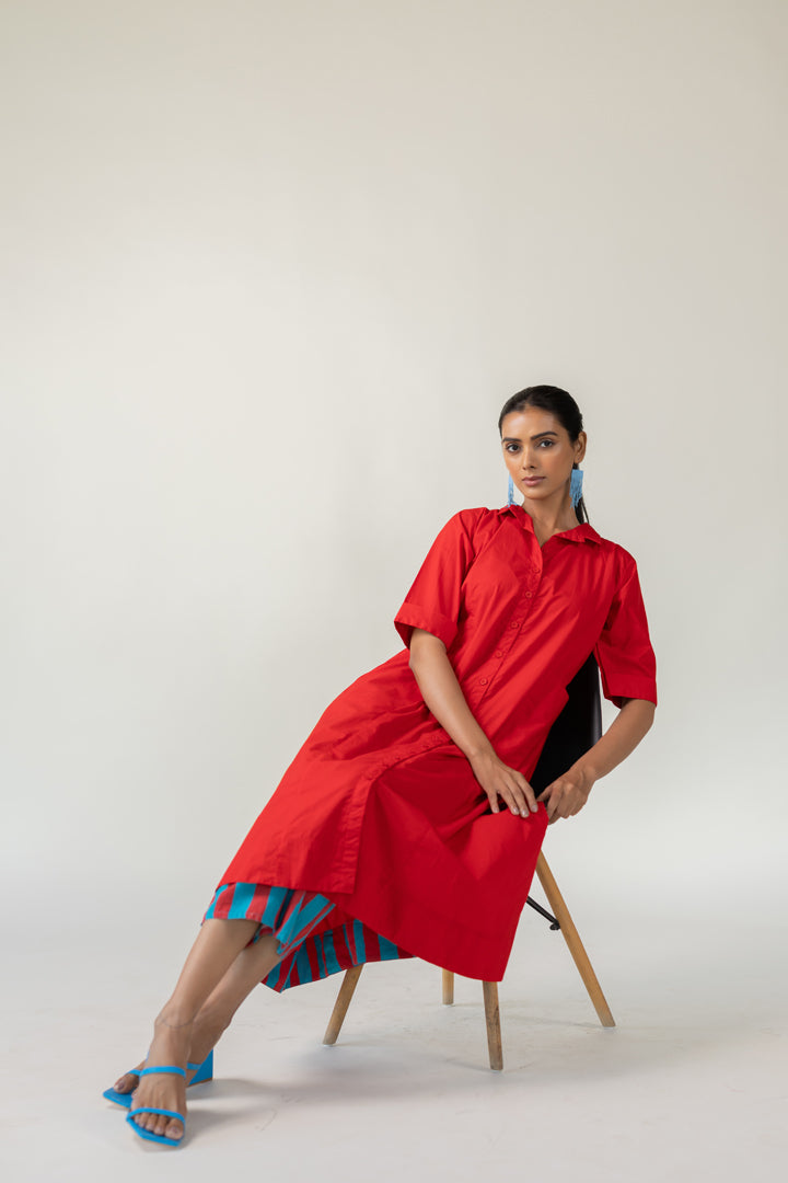 Scarlet Stride Shirt Dress with Striped Pants- SS