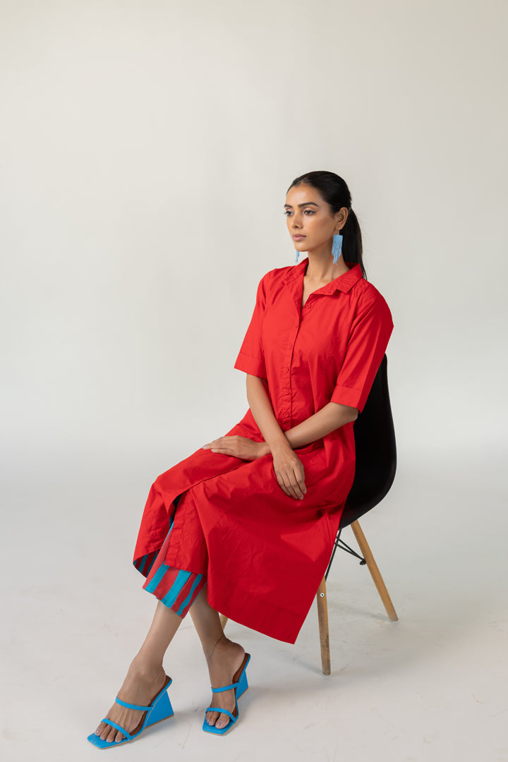 Scarlet Stride Shirt Dress with Striped Pants- SS