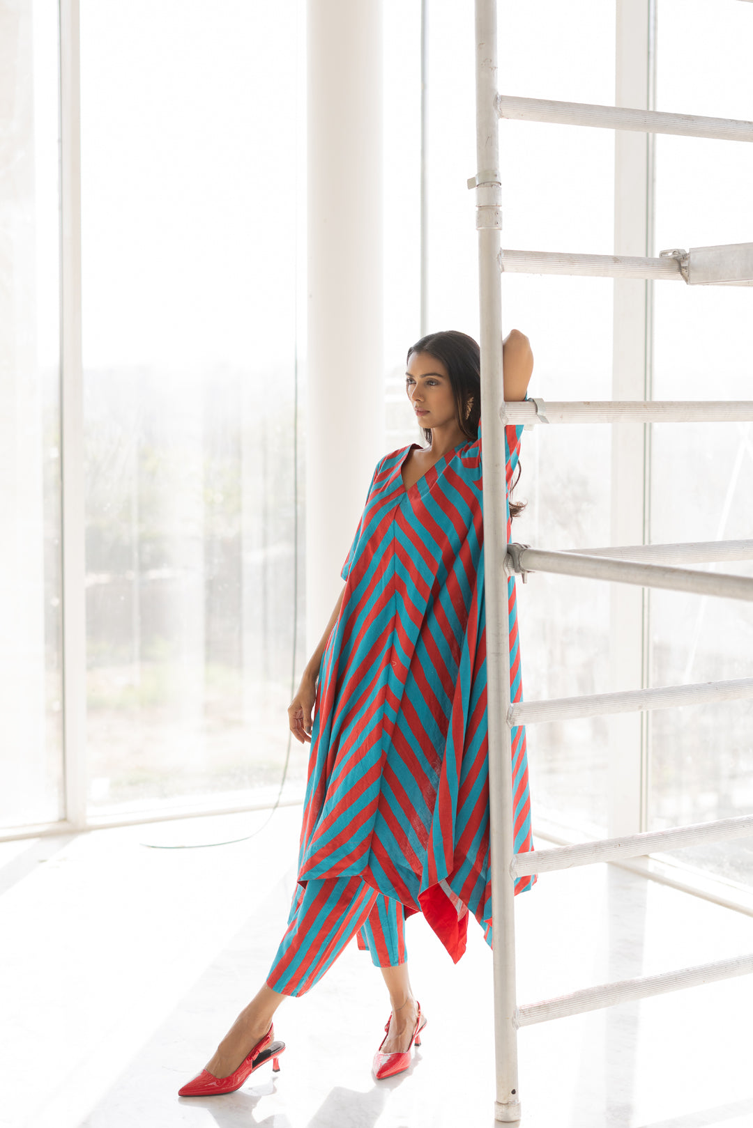 Poppy and Blue Stripe Kurta Set- SS
