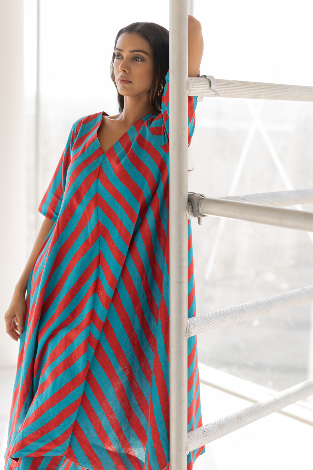 Poppy and Blue Stripe Kurta Set- SS