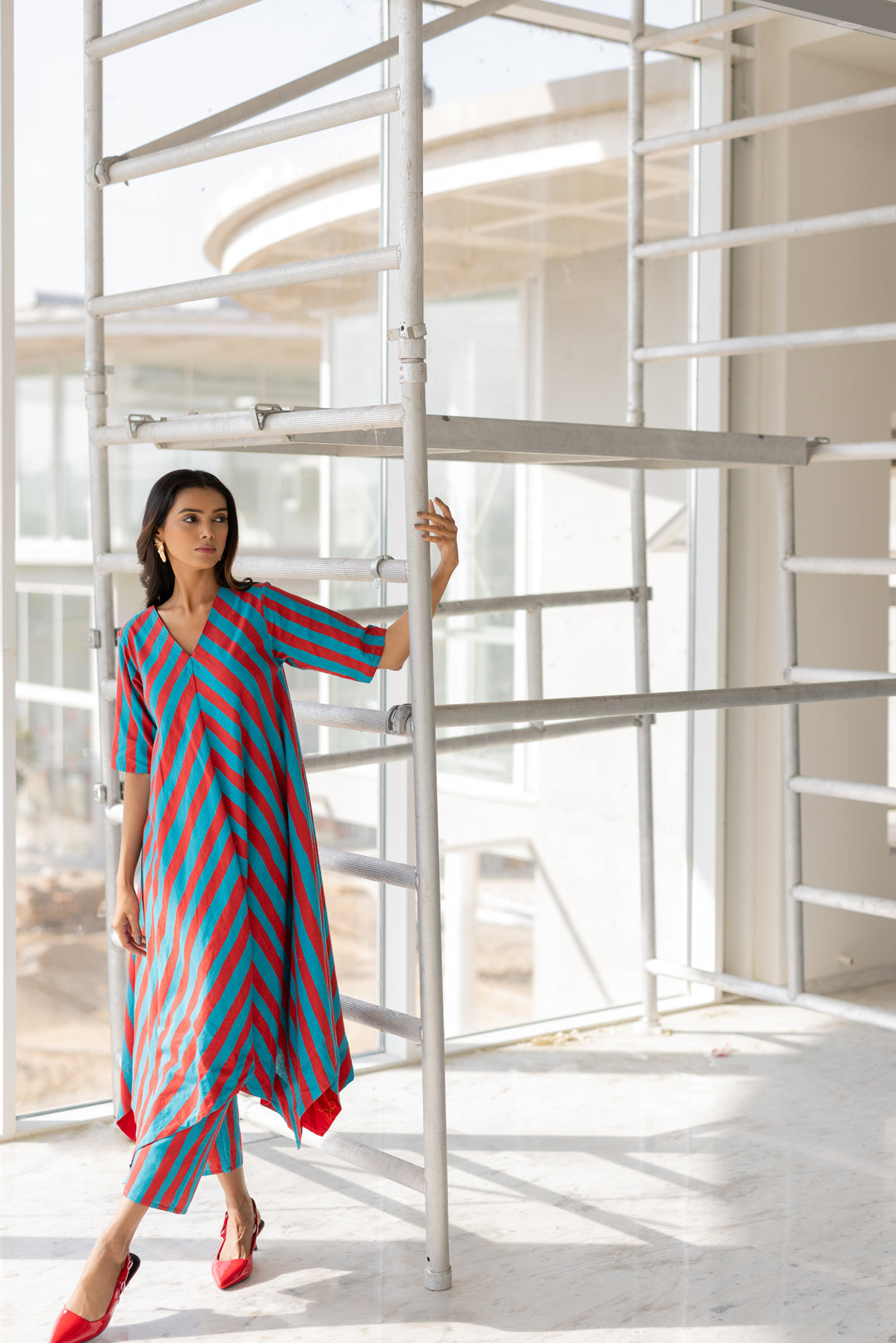 Poppy and Blue Stripe Kurta Set- SS