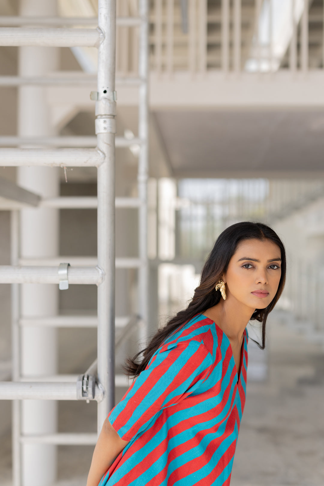 Poppy and Blue Stripe Kurta Set- SS