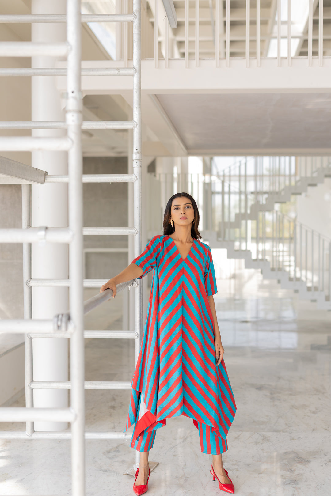 Poppy and Blue Stripe Kurta Set- SS