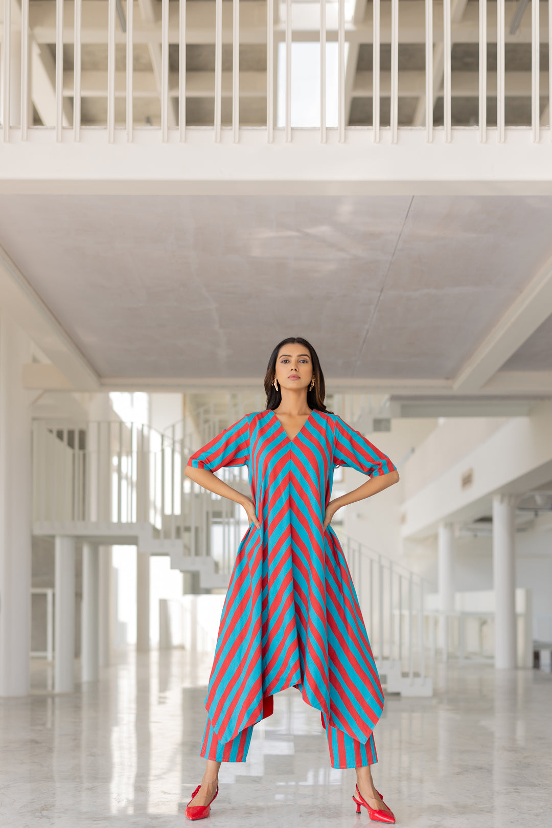 Poppy and Blue Stripe Kurta Set- SS