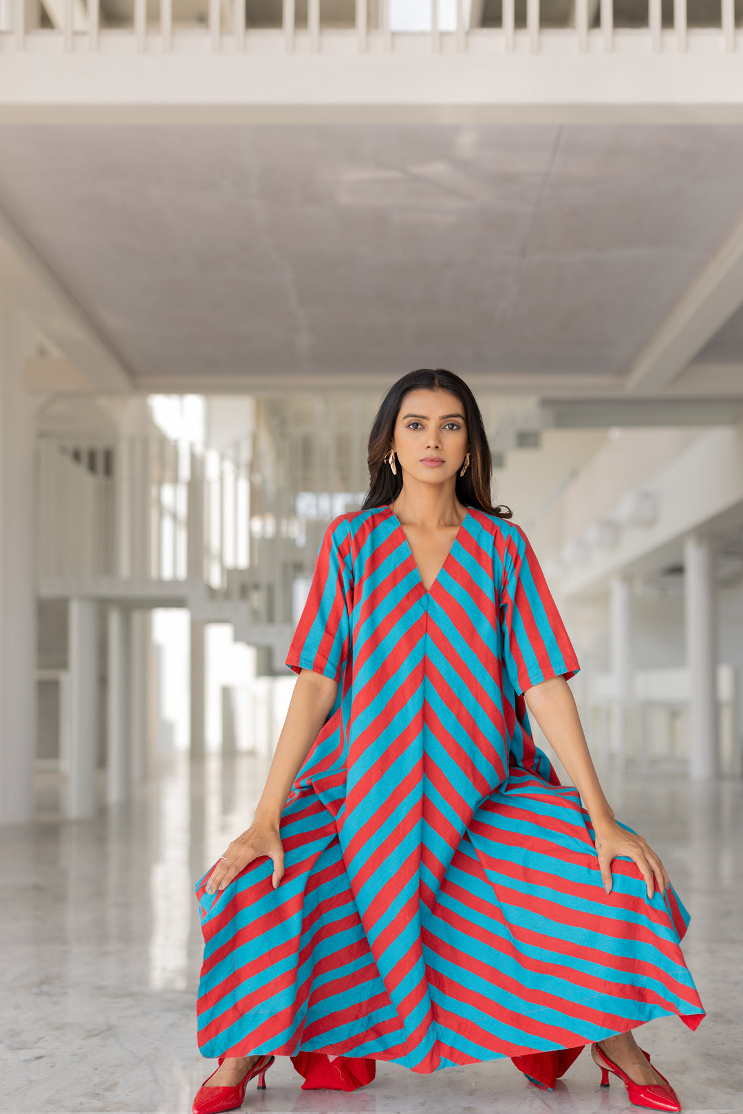 Poppy and Blue Stripe Kurta Set- SS