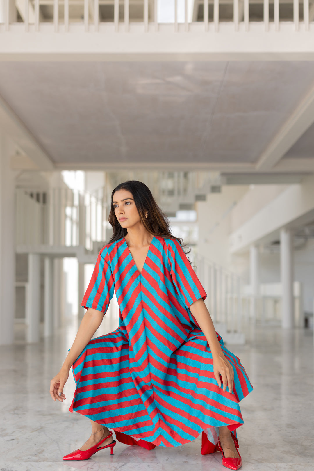 Poppy and Blue Stripe Kurta Set- SS