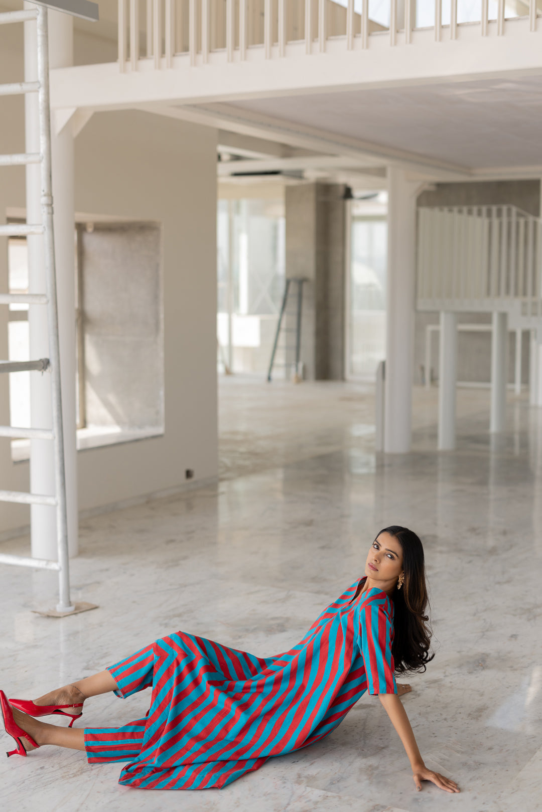 Poppy and Blue Stripe Kurta Set- SS