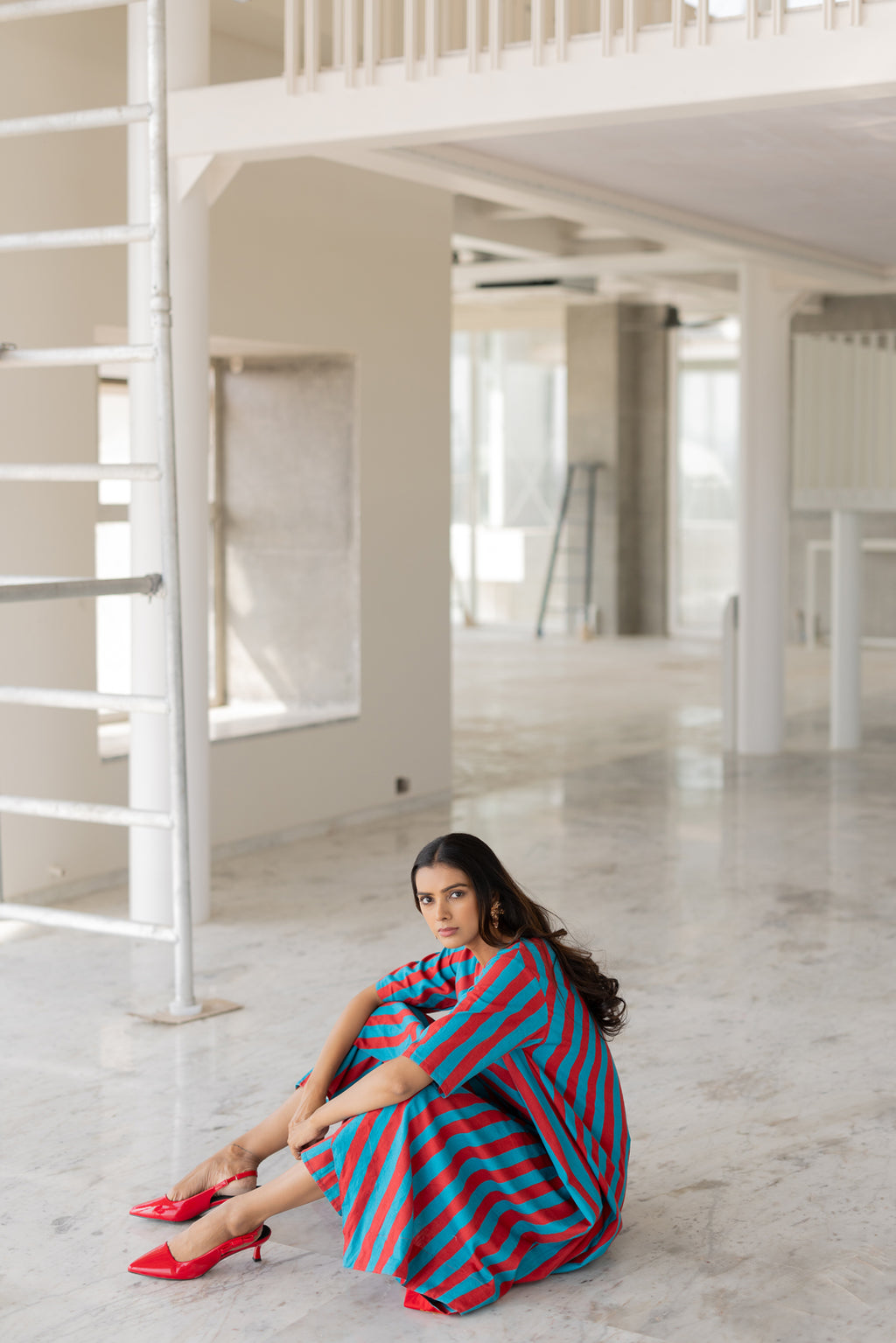 Poppy and Blue Stripe Kurta Set- SS