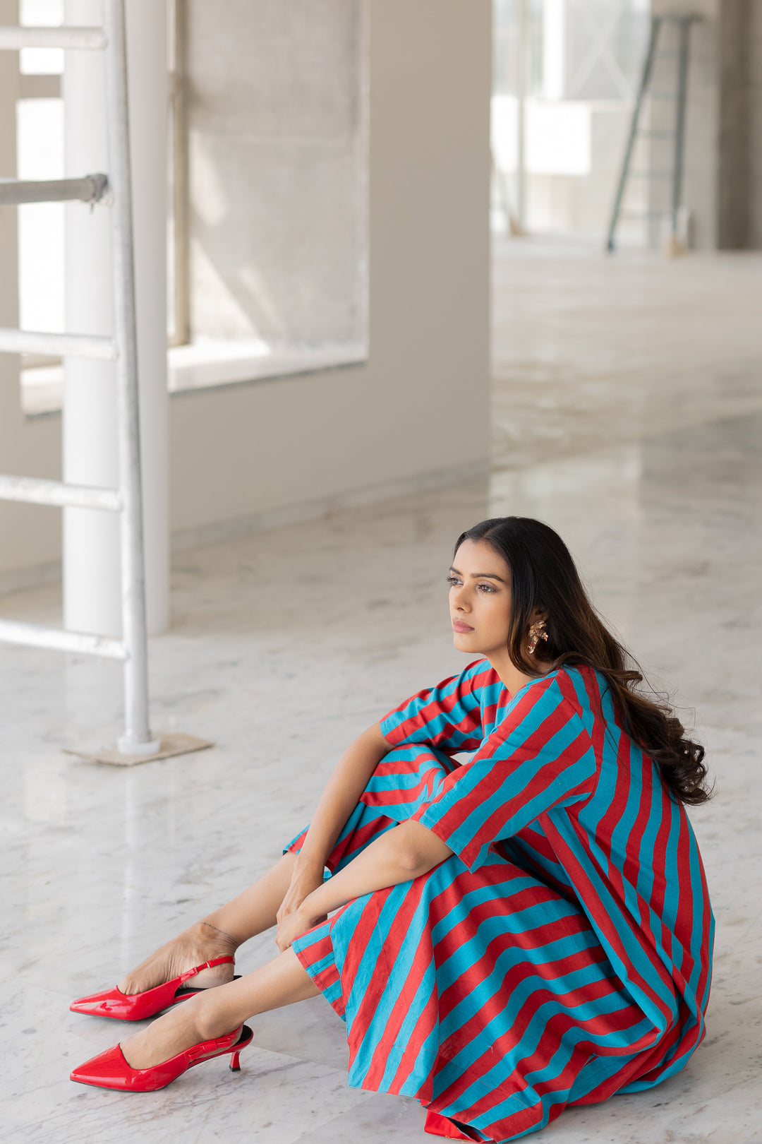 Poppy and Blue Stripe Kurta Set- SS