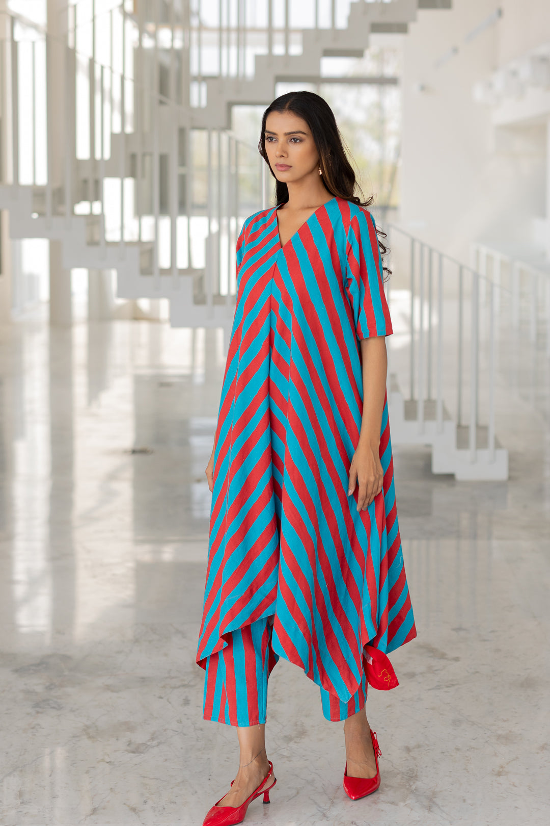 Poppy and Blue Stripe Kurta Set- SS