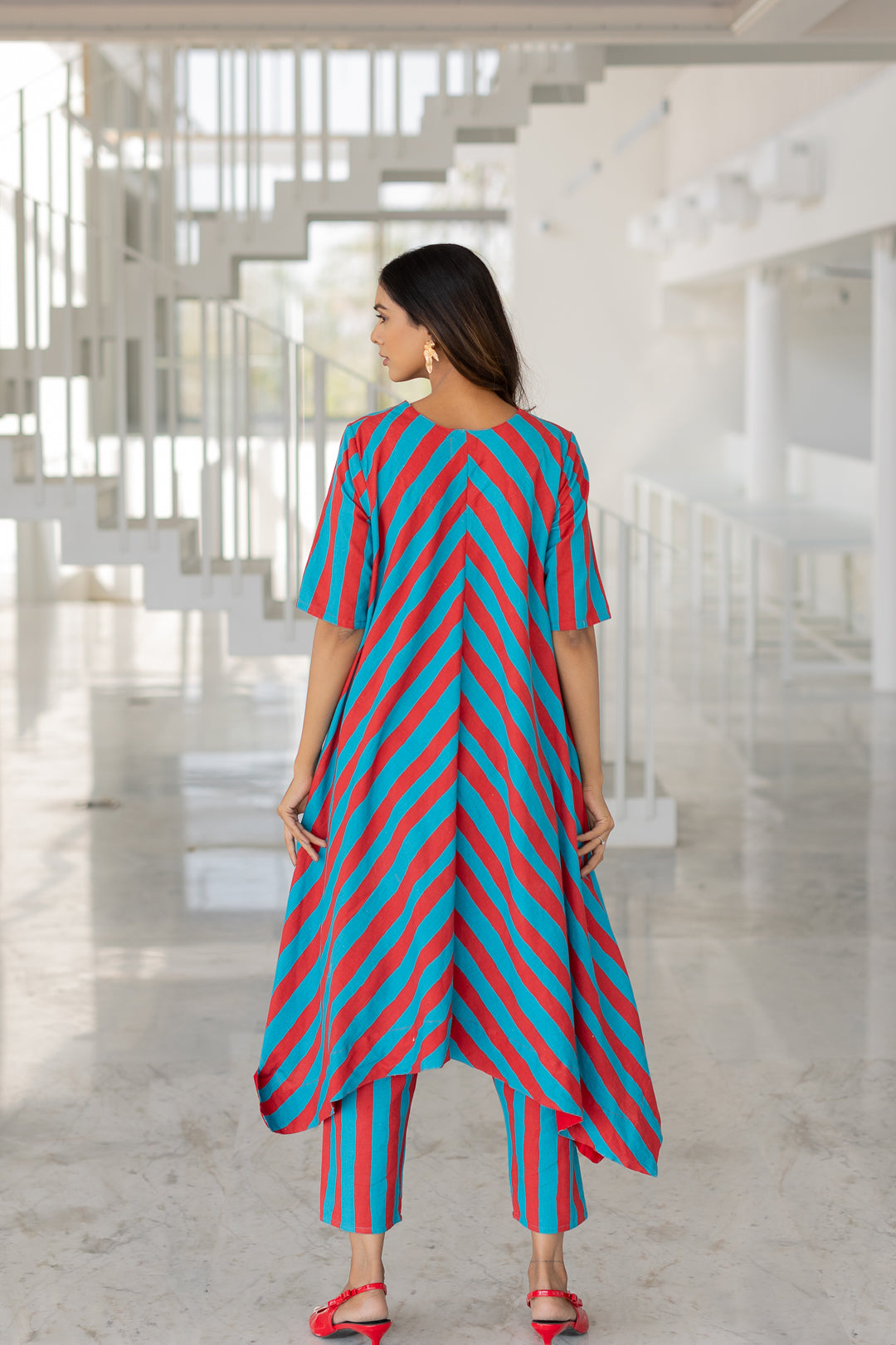 Poppy and Blue Stripe Kurta Set- SS