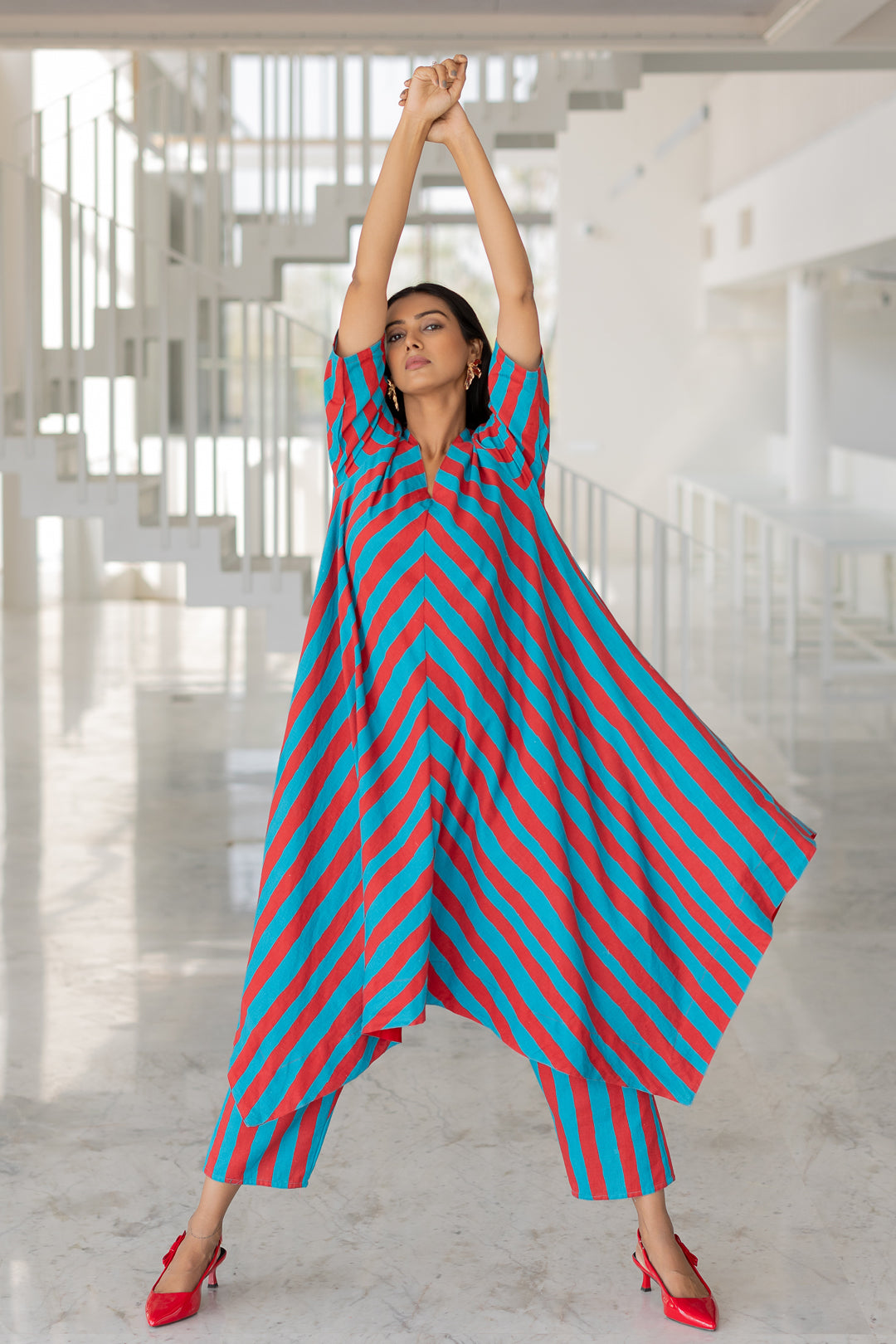 Poppy and Blue Stripe Kurta Set- SS