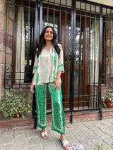 CREAM SCARF TOP WITH GREEN PRINTED PANT- II