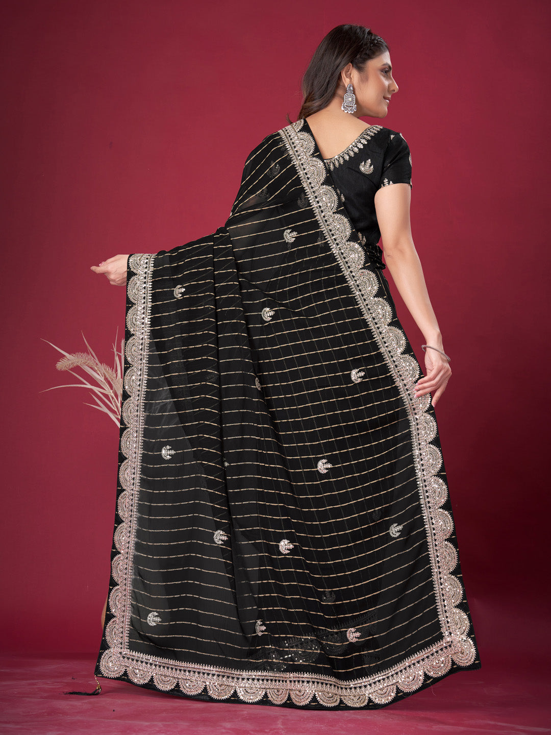 Chiffon Black Embroidered Designer Saree With Blouse