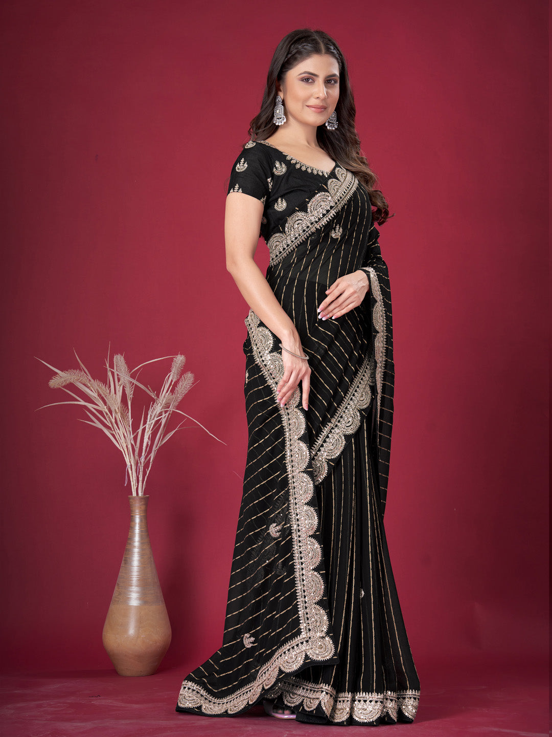 Chiffon Black Embroidered Designer Saree With Blouse