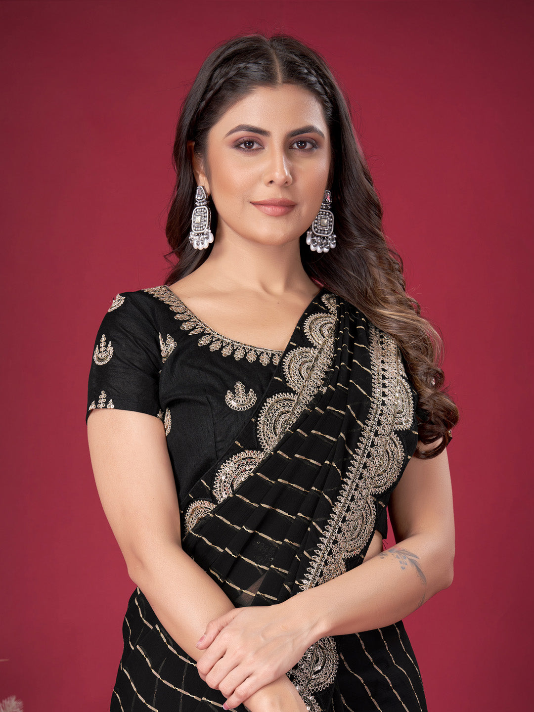 Chiffon Black Embroidered Designer Saree With Blouse