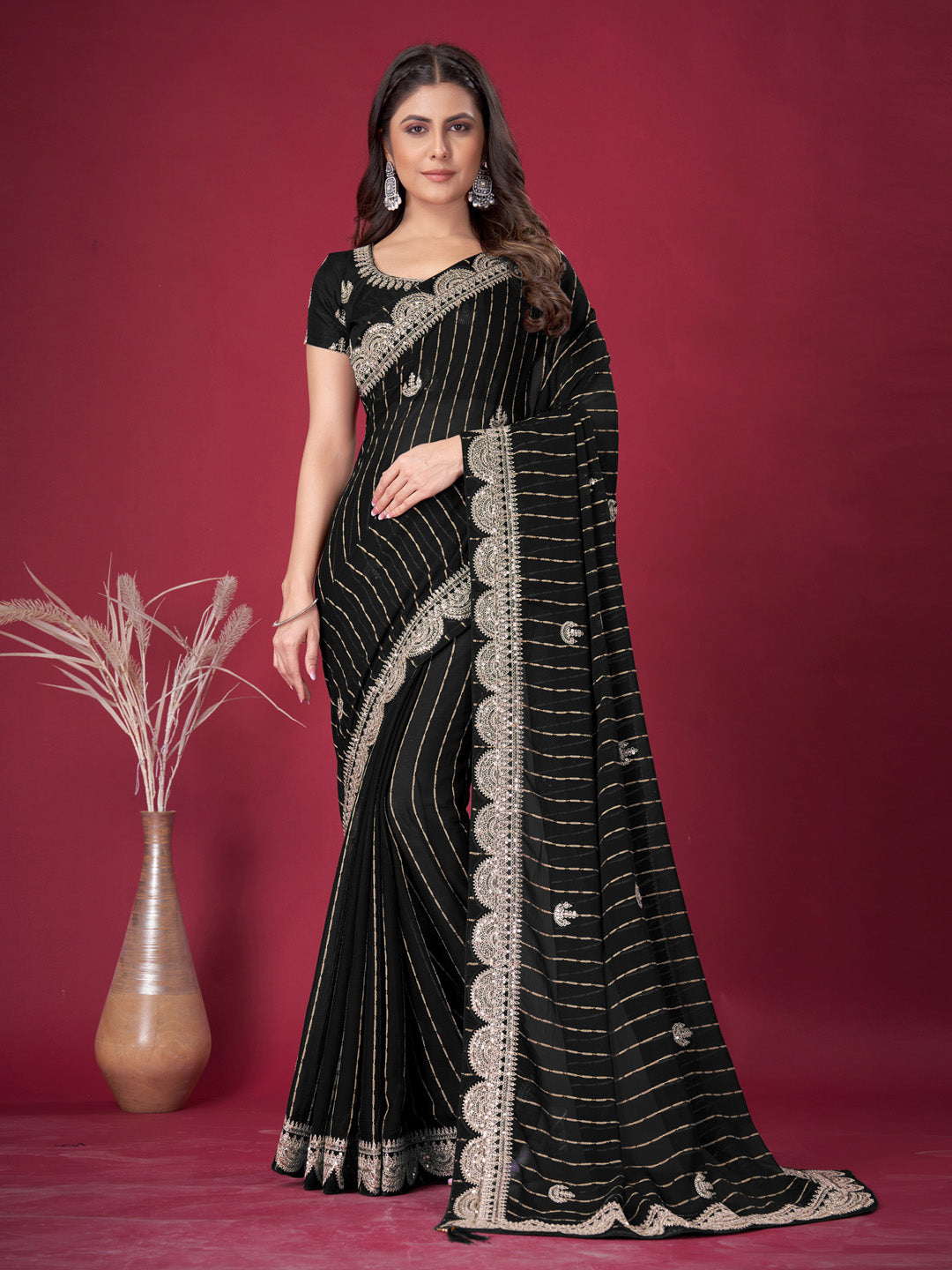 Chiffon Black Embroidered Designer Saree With Blouse