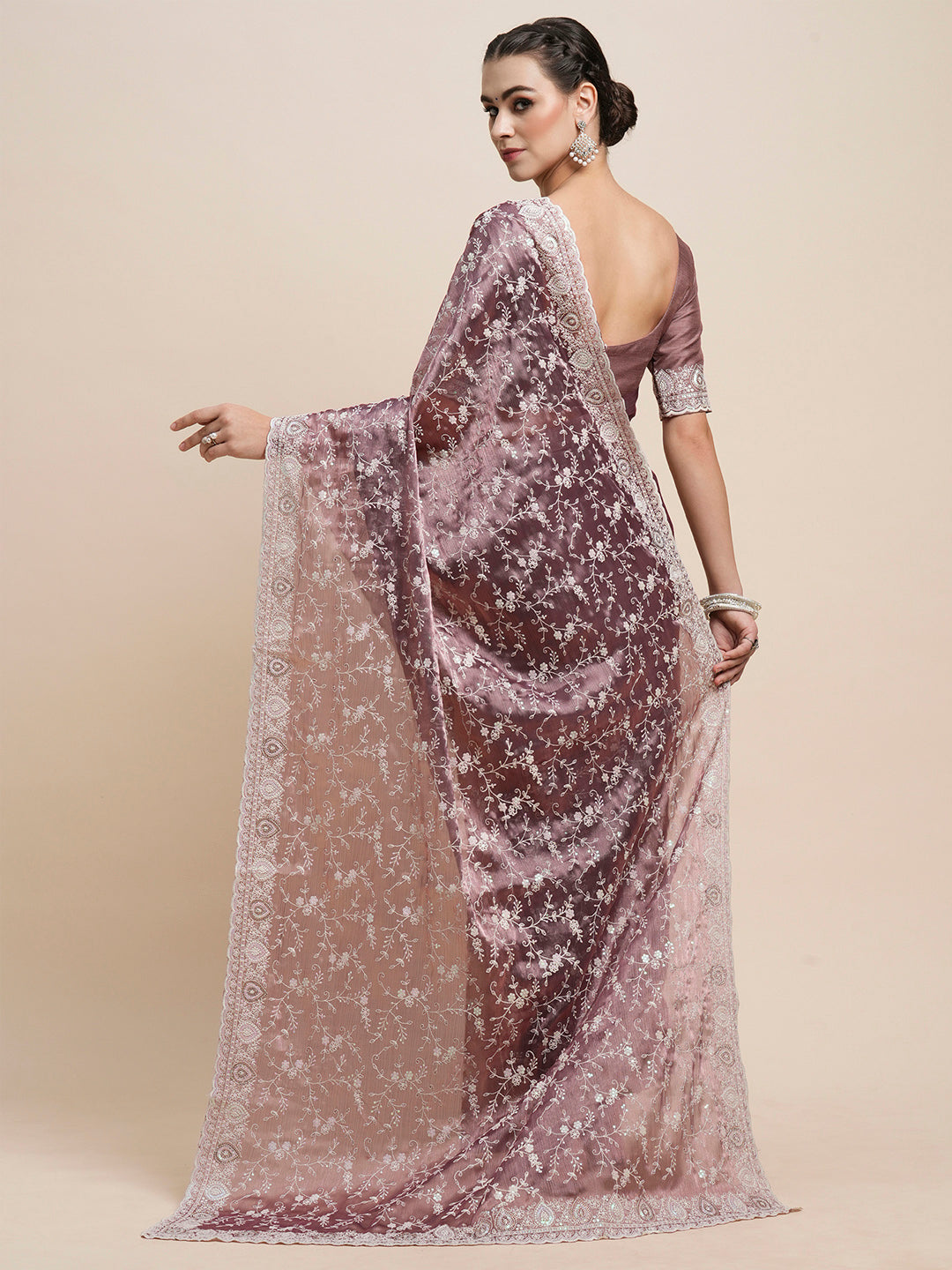 Organza Mauve Embroidered Designer Saree With Blouse