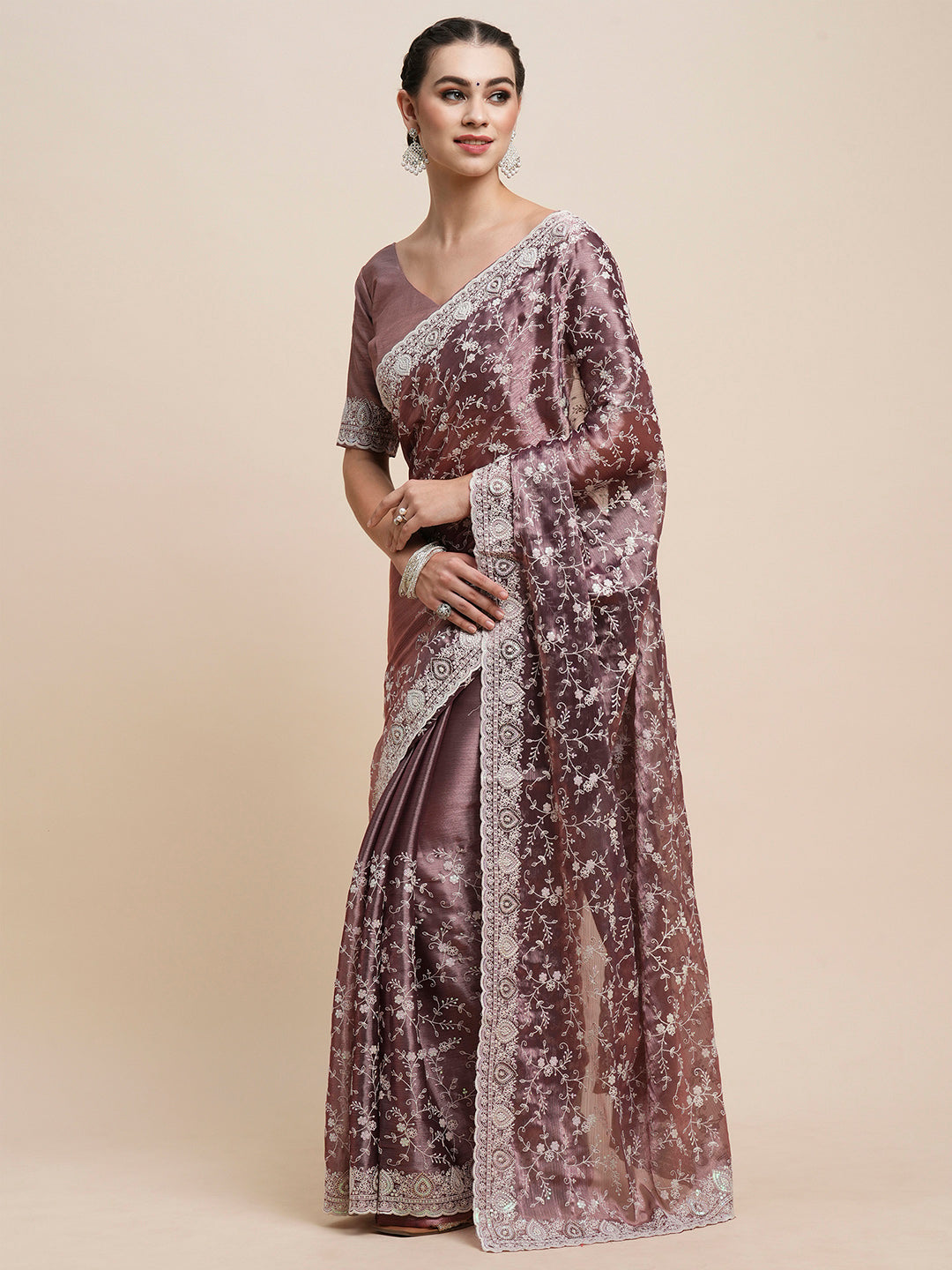 Organza Mauve Embroidered Designer Saree With Blouse