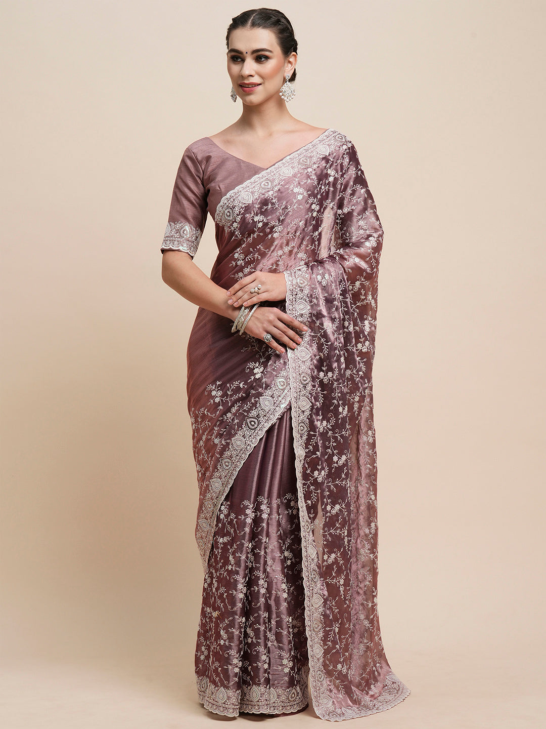 Organza Mauve Embroidered Designer Saree With Blouse