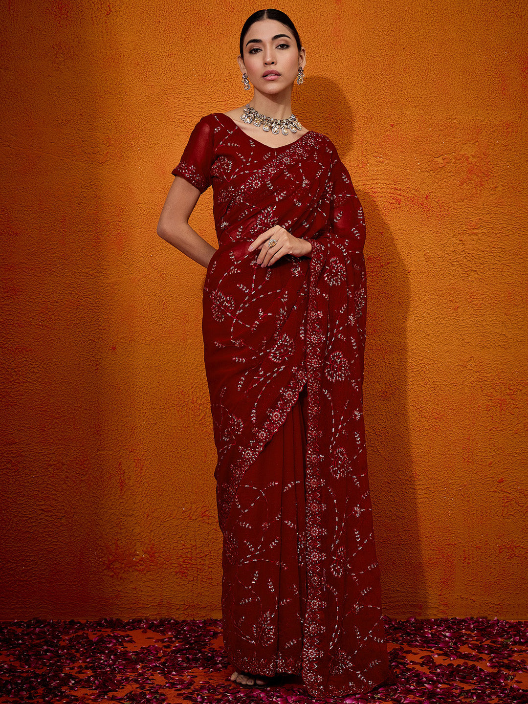 Chiffon Red Embellished Designer Saree With Blouse