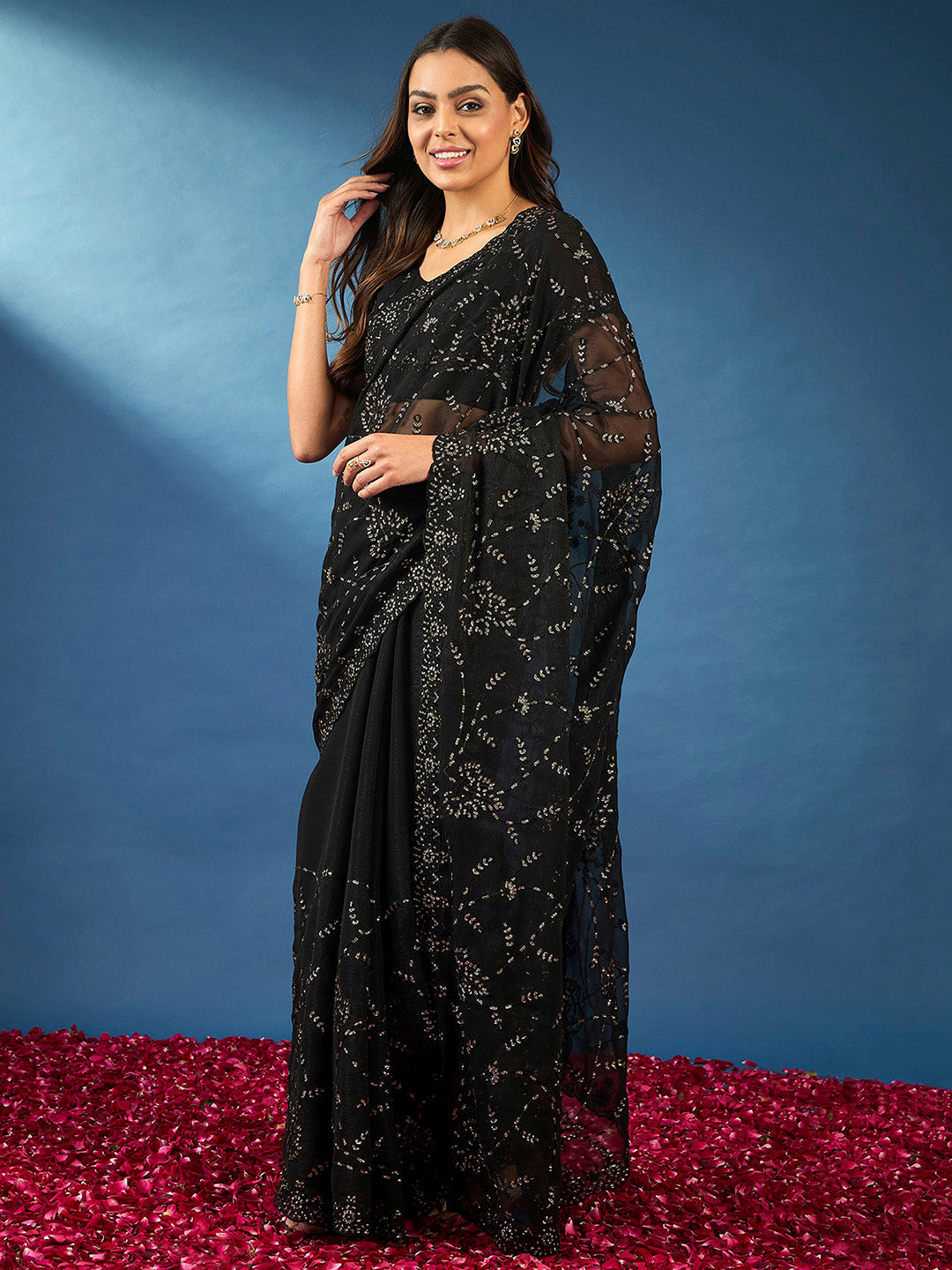 Chiffon Black Embellished Designer Saree With Blouse