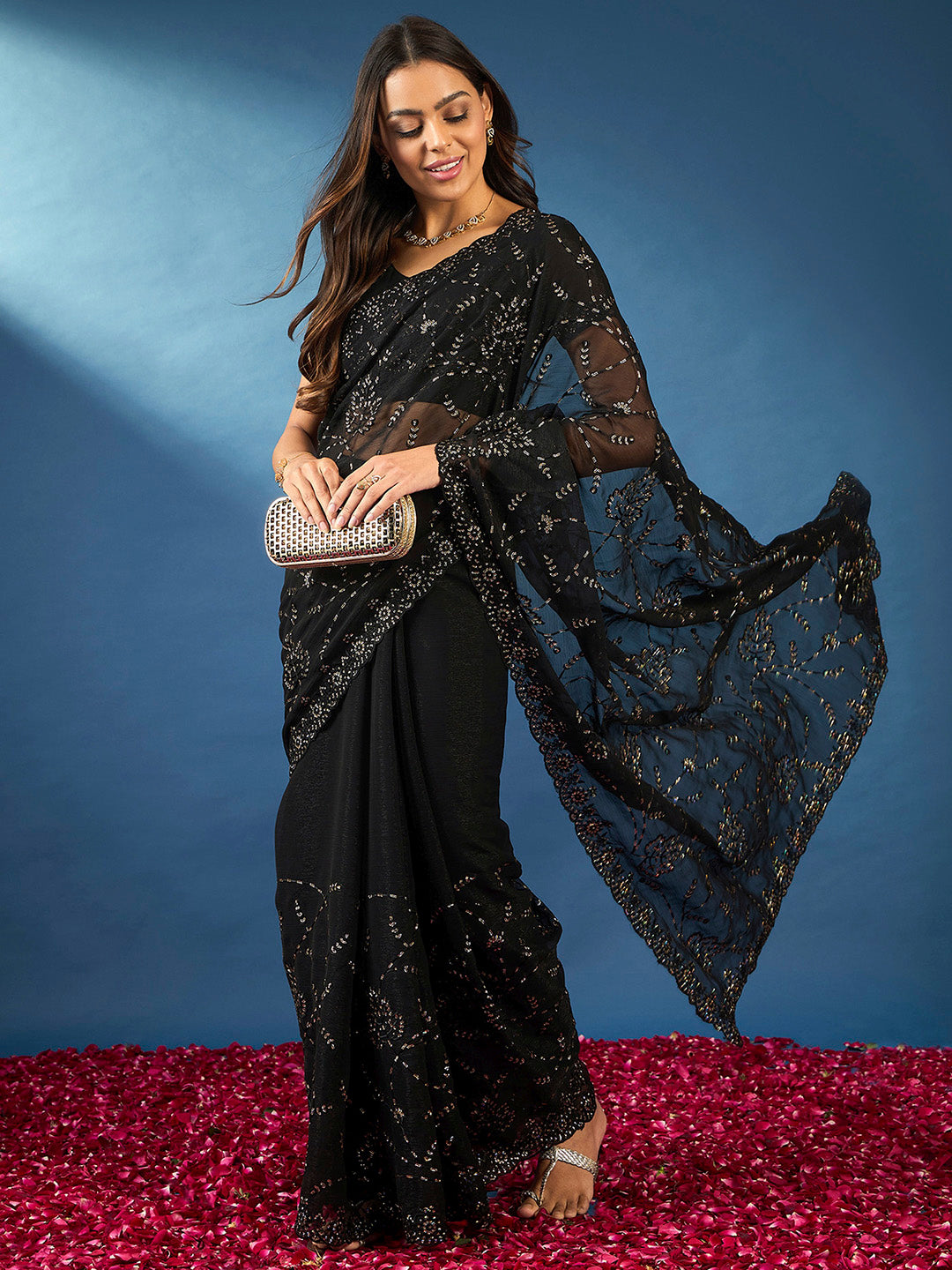 Chiffon Black Embellished Designer Saree With Blouse