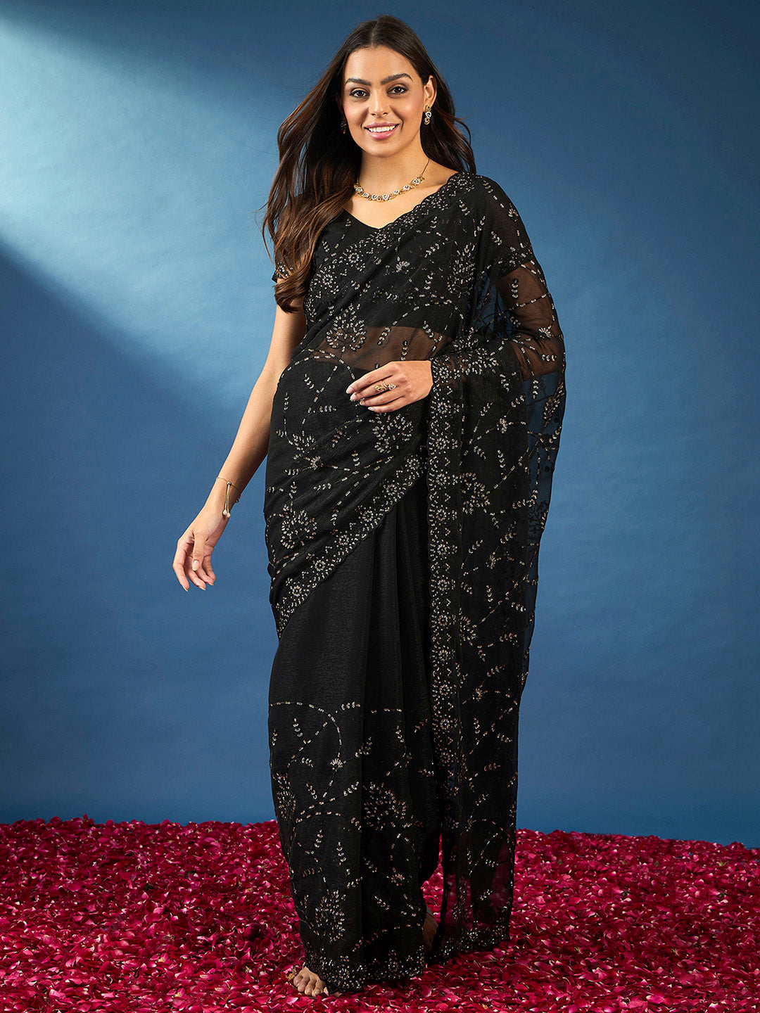 Chiffon Black Embellished Designer Saree With Blouse