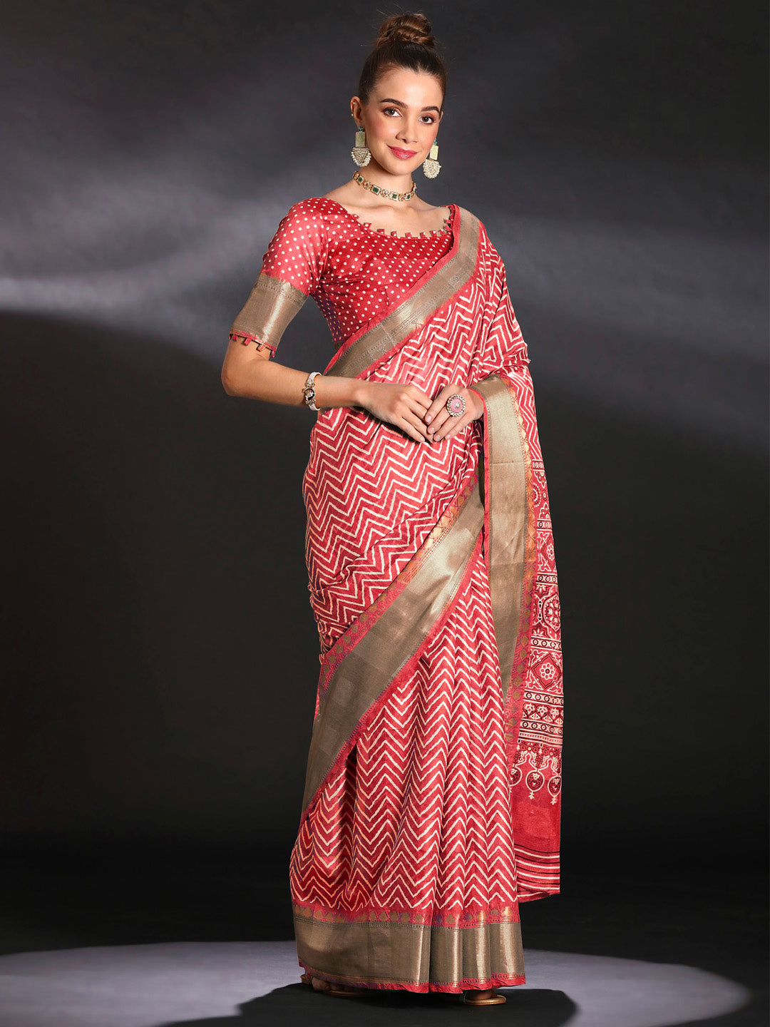 Art Silk Red Printed Designer Saree With Blouse