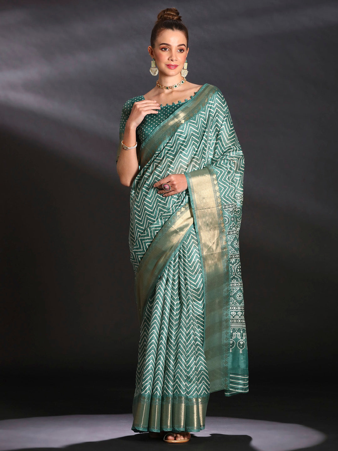 Art Silk Sea Green Printed Designer Saree With Blouse