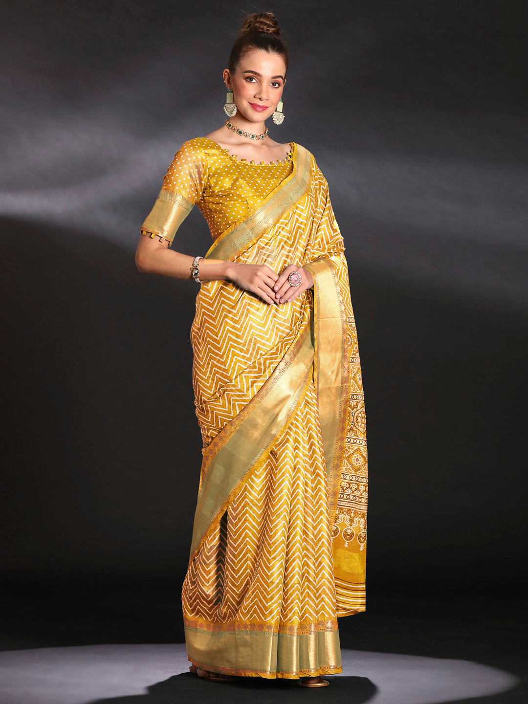 Art Silk Mustard Printed Designer Saree With Blouse