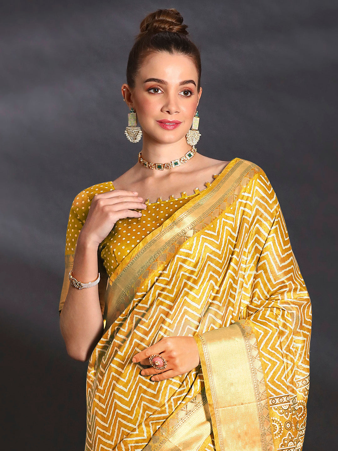 Art Silk Mustard Printed Designer Saree With Blouse