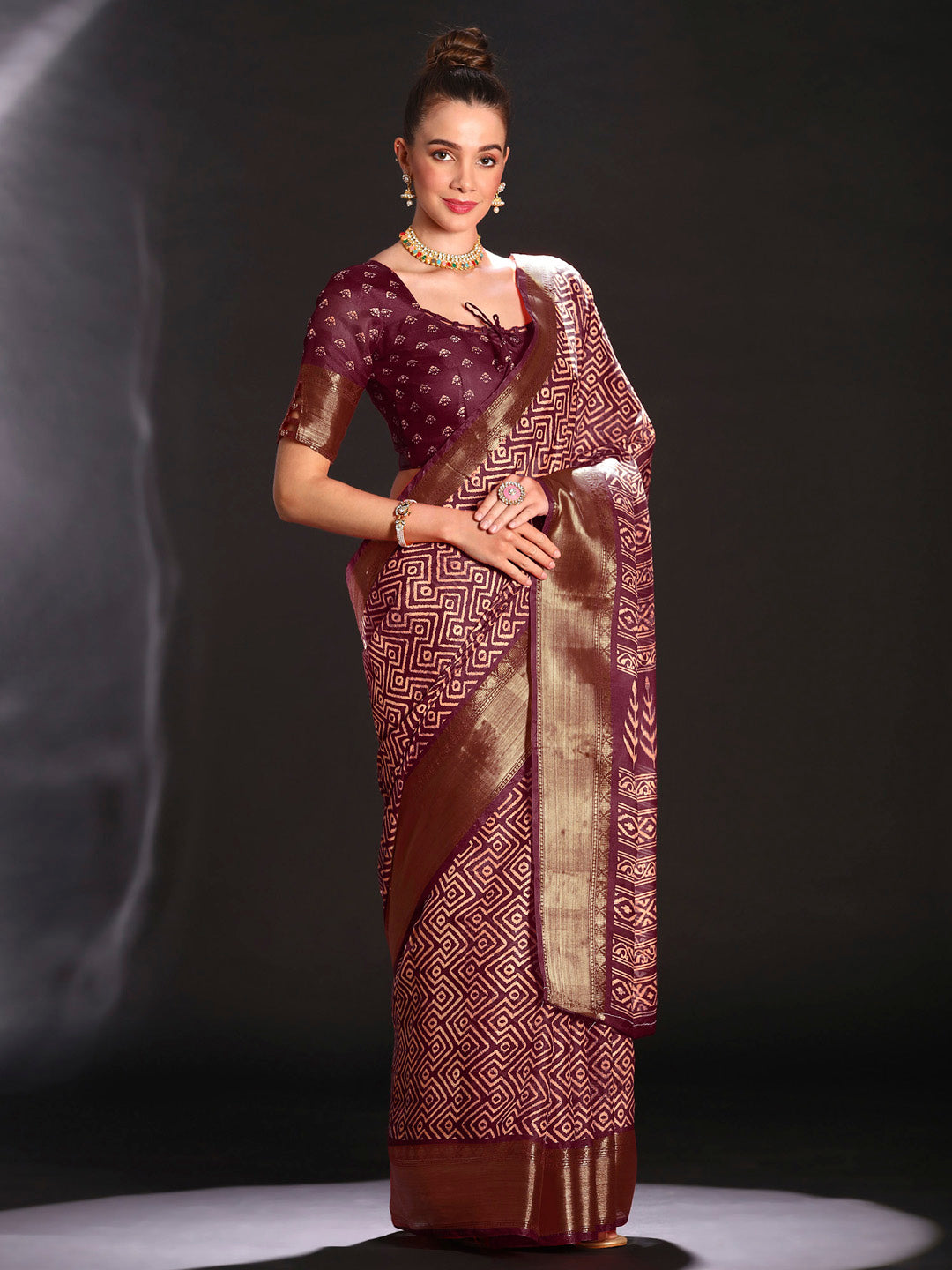 Art Silk Burgundy Printed Designer Saree With Blouse