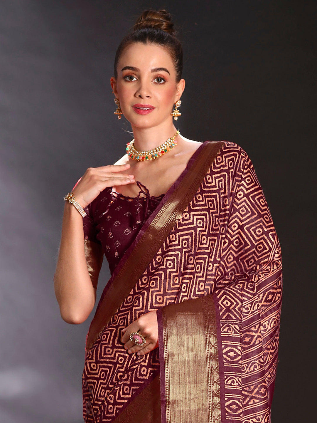 Art Silk Burgundy Printed Designer Saree With Blouse