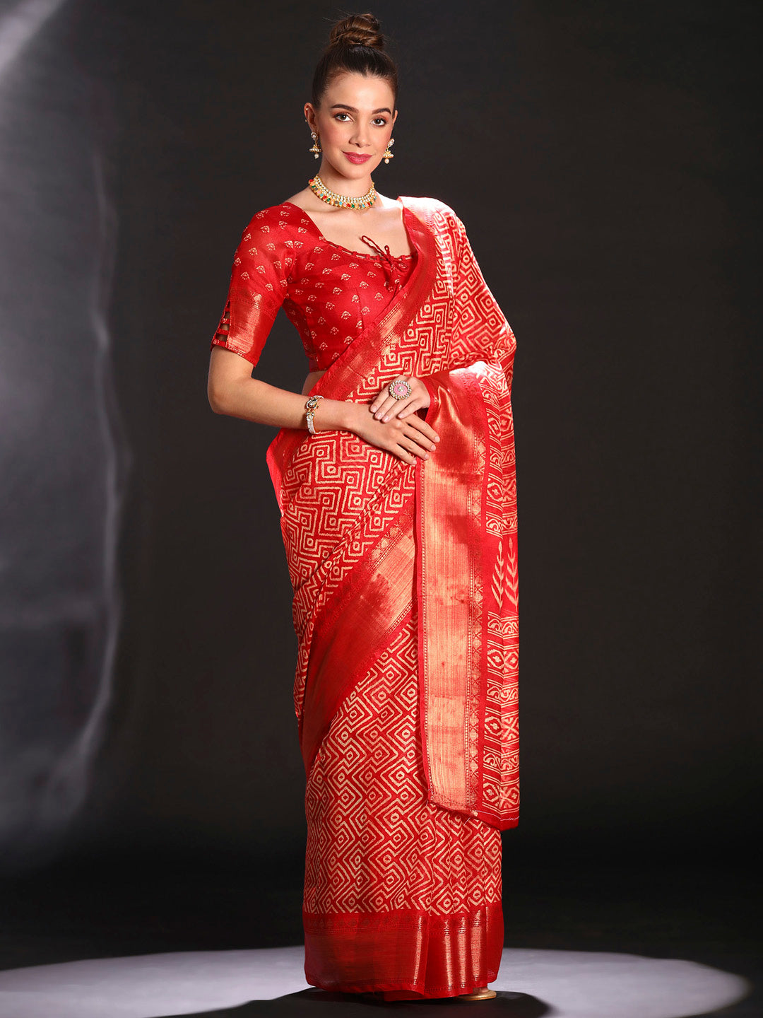 Art Silk Red Printed Designer Saree With Blouse