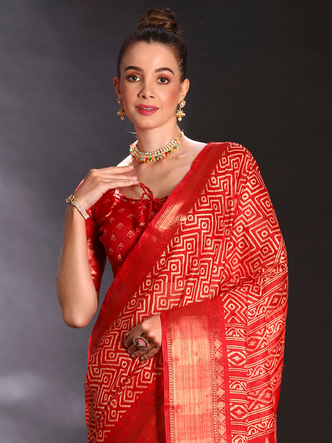 Art Silk Red Printed Designer Saree With Blouse