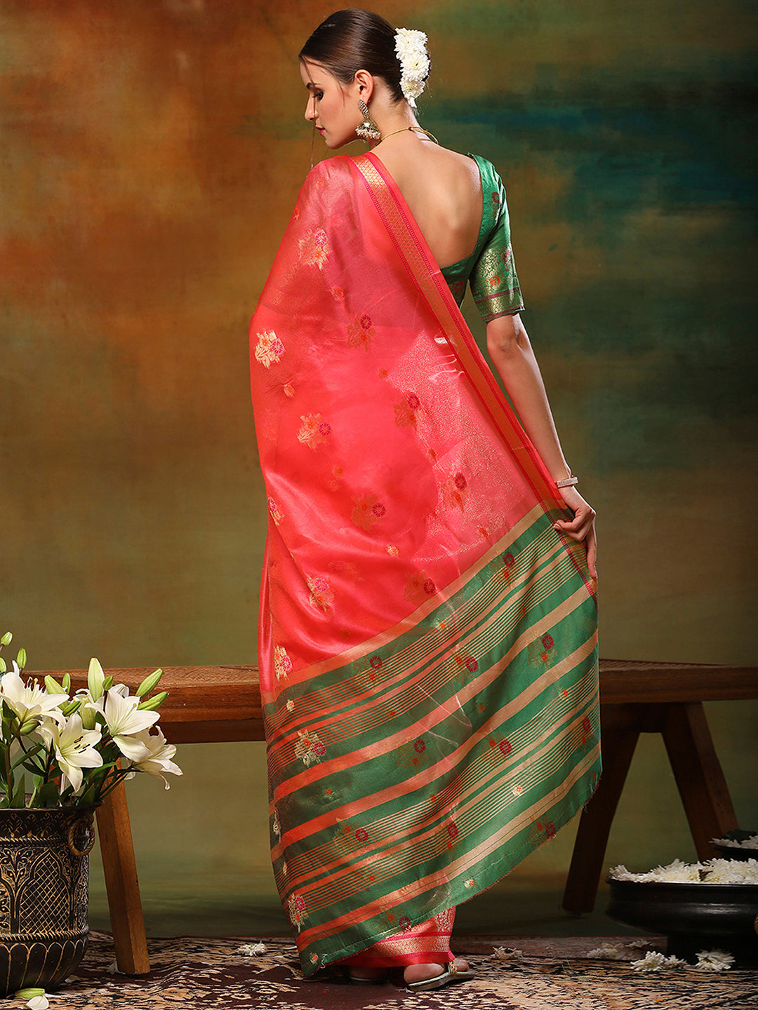 Organza Green Woven Design Designer Saree With Blouse