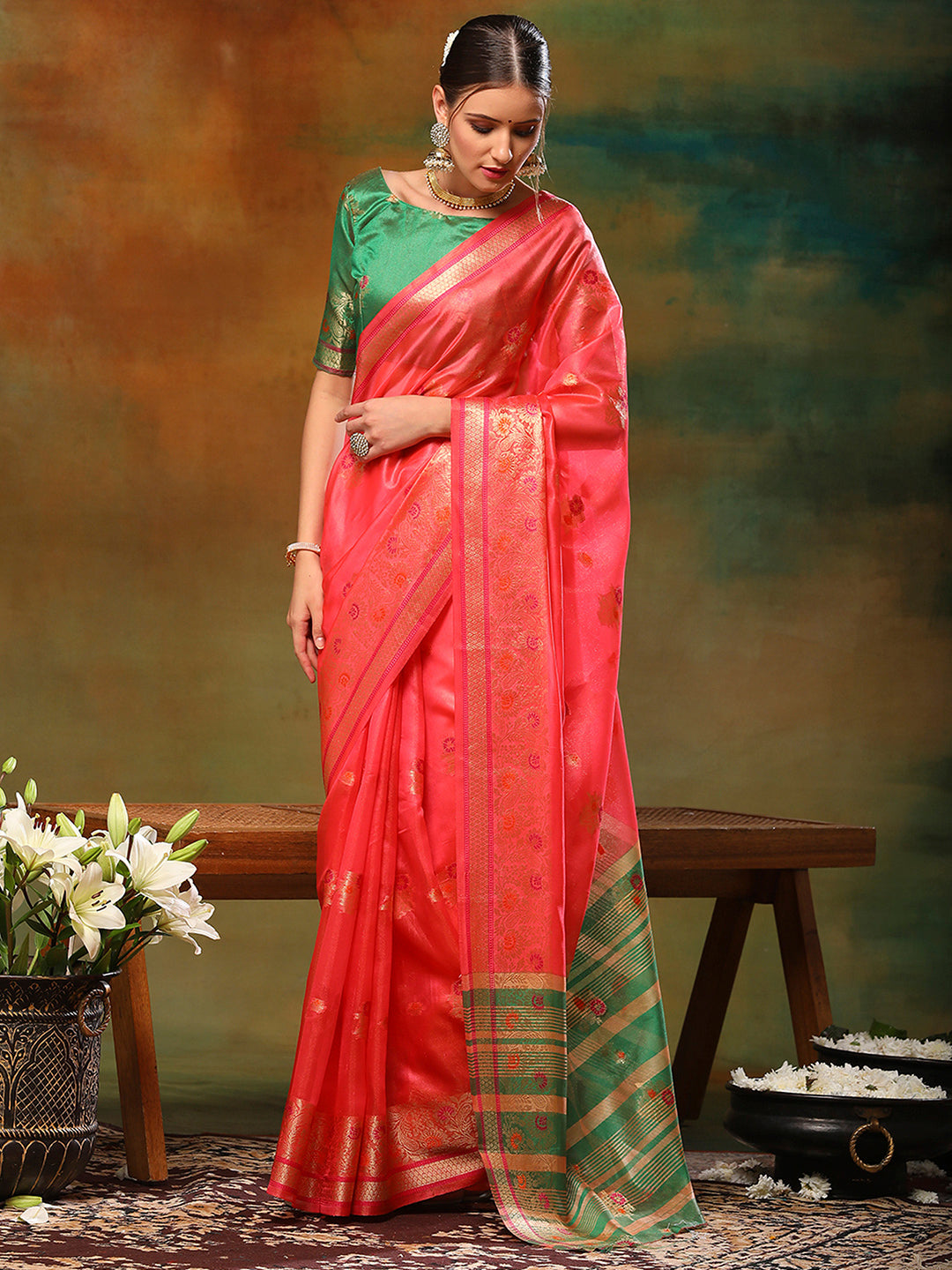 Organza Green Woven Design Designer Saree With Blouse